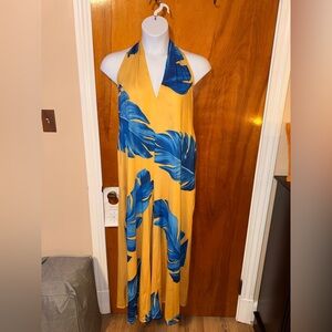 Yellow Halter Jumpsuit with Blue Leaf Print
